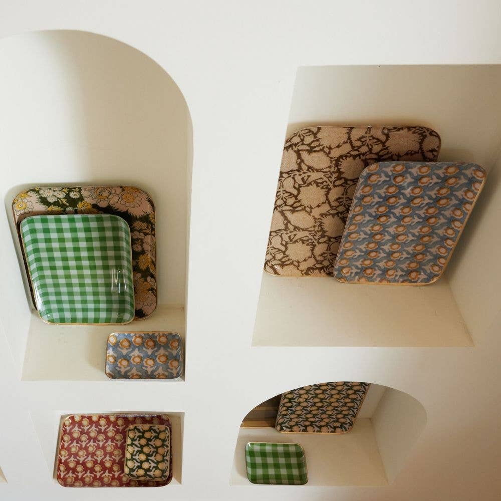 Plateau Bohème Chic en Métal Émaillé Vichy Vert