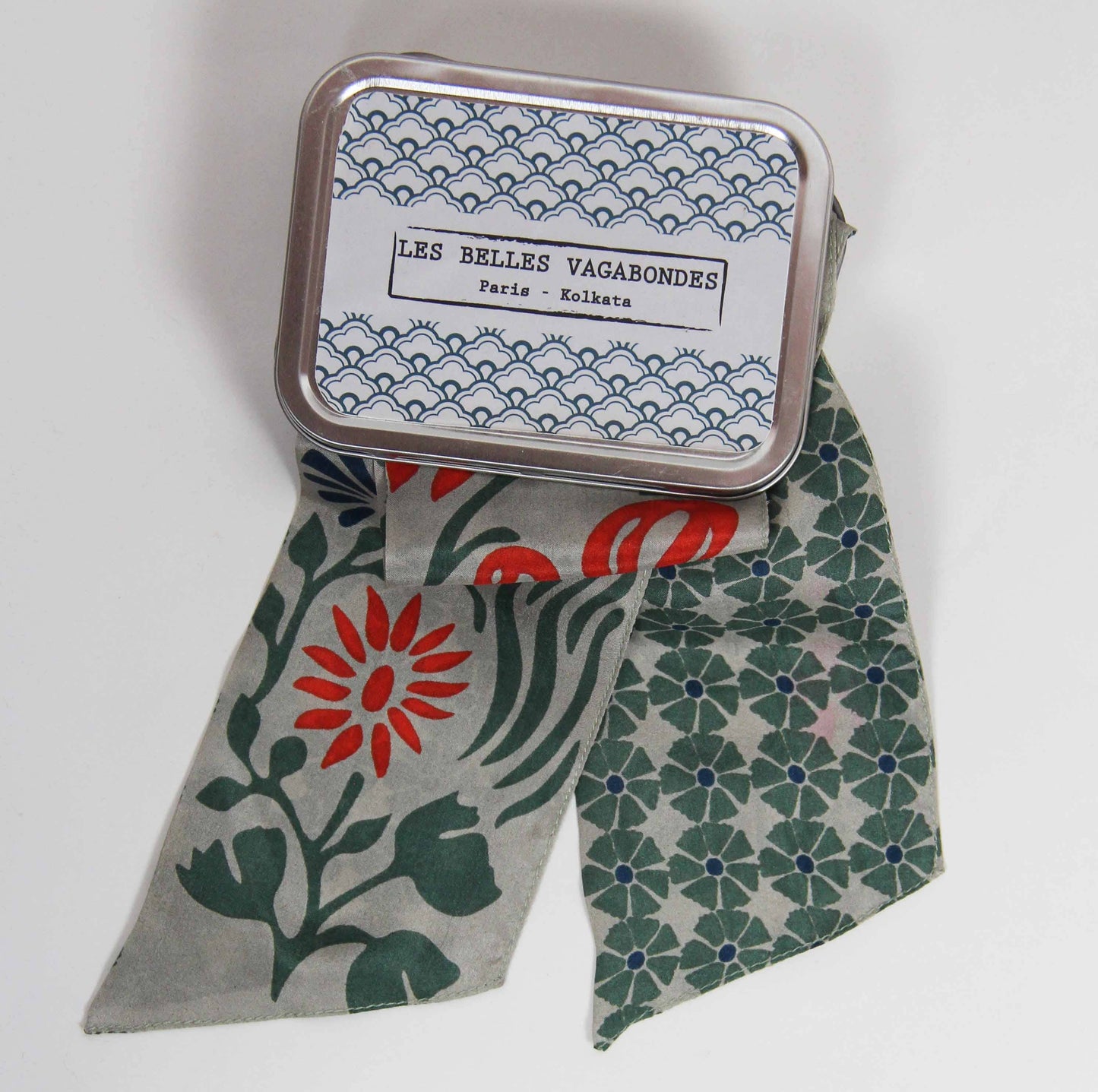 Bandeau - Ceinture soie imprimée- Clématite Kaki