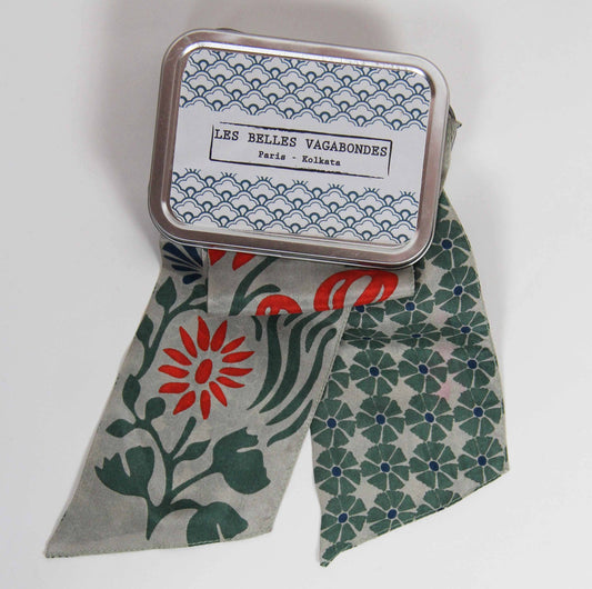 Bandeau - Ceinture soie imprimée- Clématite Kaki