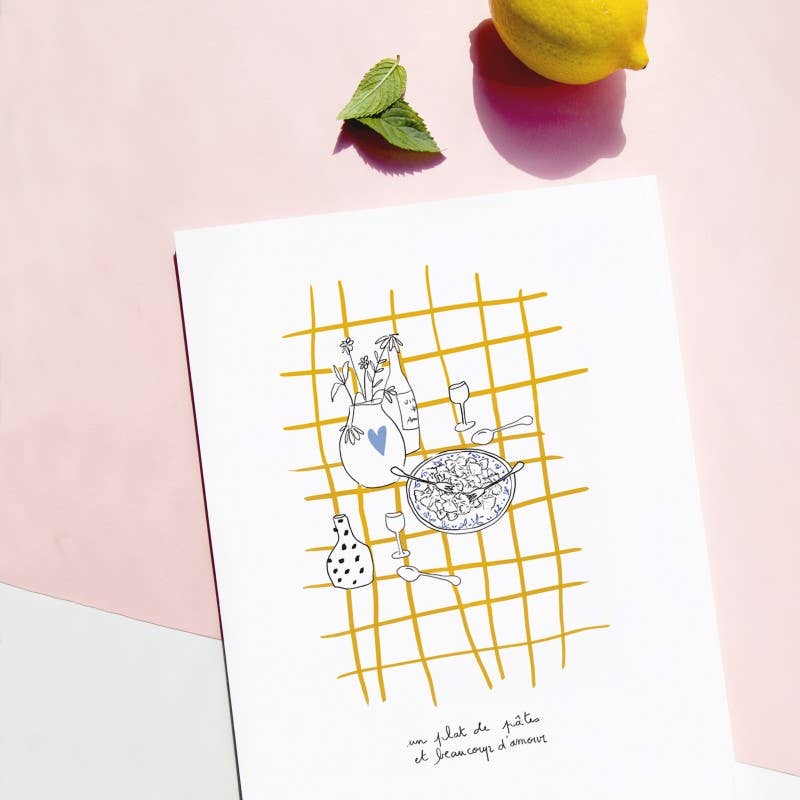 Carte postale illustration - Farfalle - Un plat de pâtes et Beaucoup d'Amour