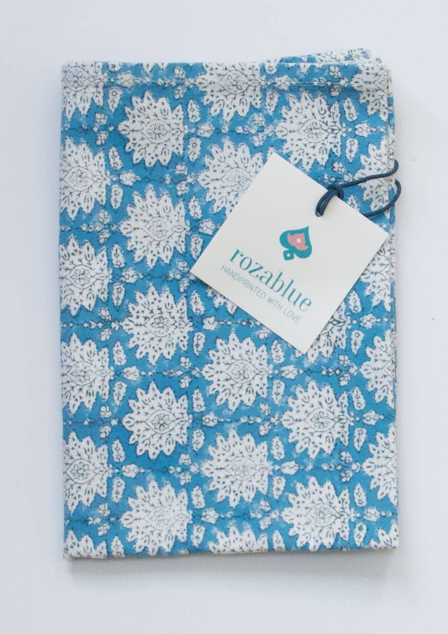 Torchon de cuisine - motif bleu vif - imprimé à la main - 100%coton