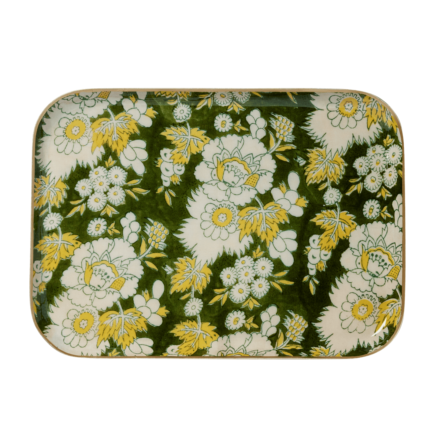 Plateau bohème avec fleurs en métal émaillé Vishnu vert