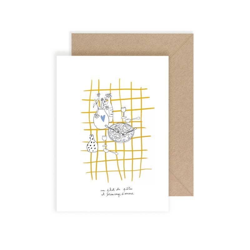 Carte postale illustration - Farfalle - Un plat de pâtes et Beaucoup d'Amour