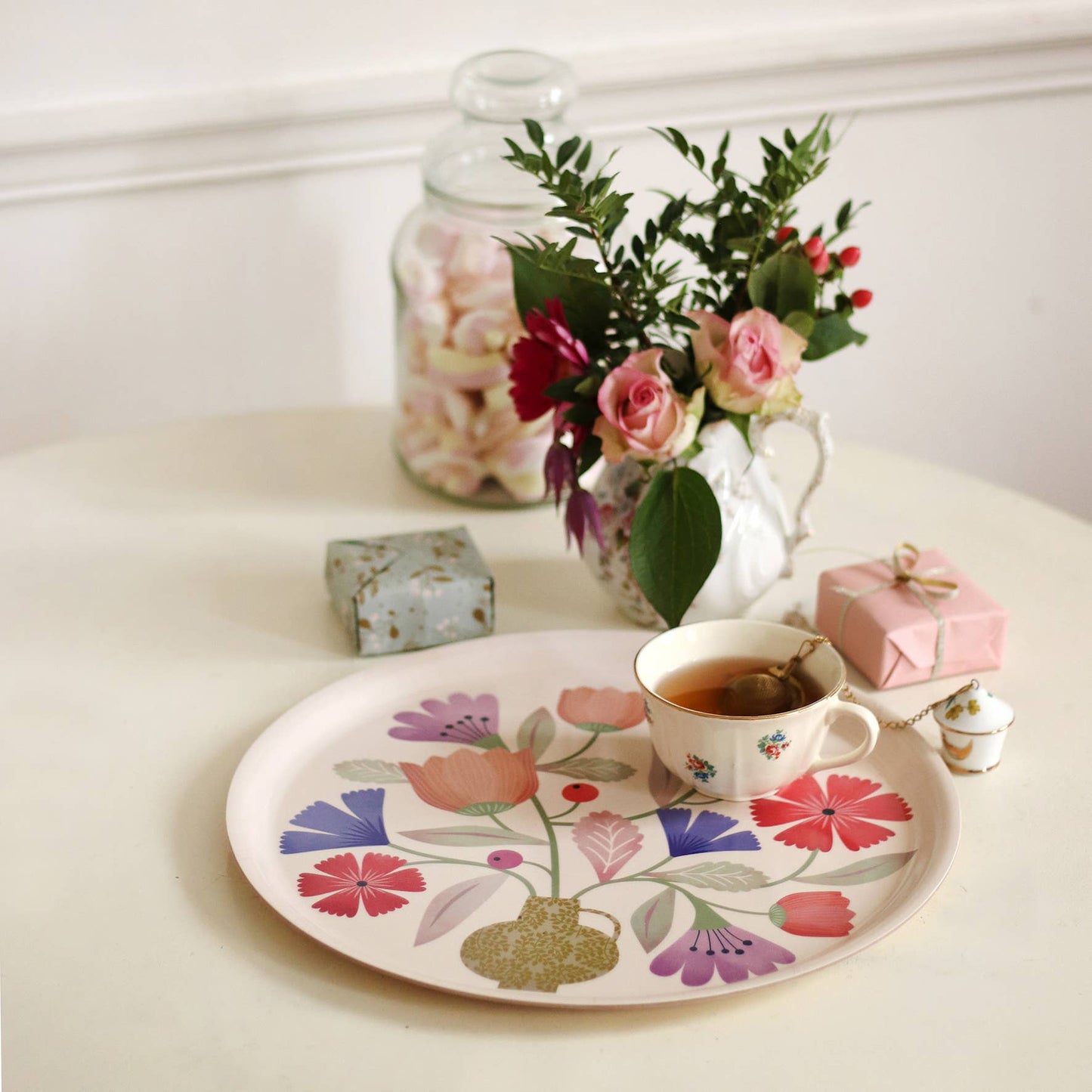 Plateau rond en bouleau motif Bouquet