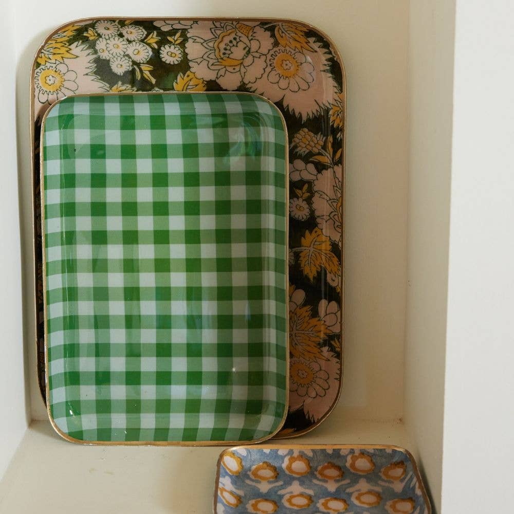 Plateau Bohème Chic en Métal Émaillé Vichy Vert