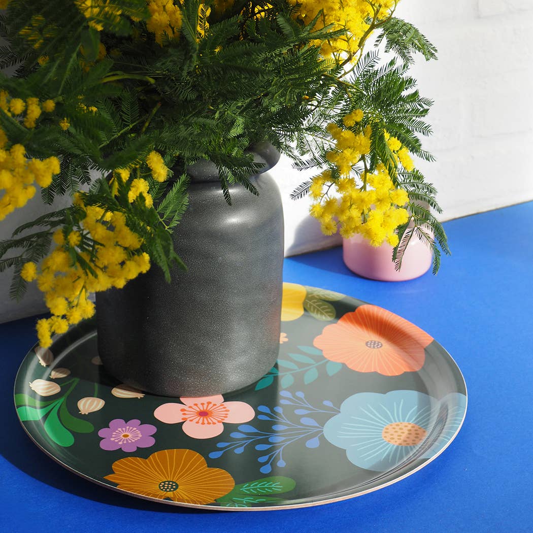 Plateau rond en bouleau motif Bloom