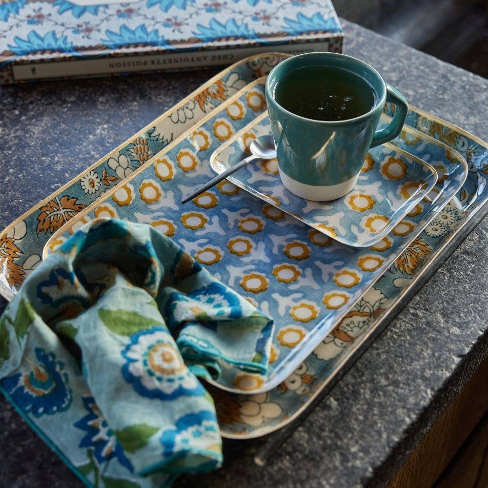 Plateau Tiny - Bohème Chic avec Fleurs en Métal Émaillé Isha Bleu