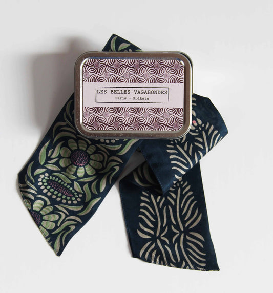 Bandeau - Ceinture- Soie imprimée - Camélia Marine Navy